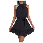 Elegant Halter Mini Dress For Women Solid Color Off Shoulder Sleeveless A Line Summer Dress Tie Waist Ruffled Hem Office Dresses