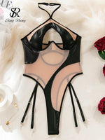 SINGREINYHalter PU Leather Sexy Bodysuits 2025 Streetwear Sensual Club Slim Lingerie Romper Hollow Out Sheer Mesh Playsuits