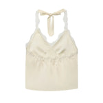Women's Fashionable Casual Lace Halter V-Neck Double-Sided Satin Short Backless Solid Color Camisole For Woman Lace Trimmed 8BZO