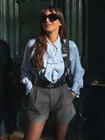 Foridol Ruffles Folds Light Blue Office Lady Satin Shirt Blouse Long Sleeve Spring Fashion Solid Button Up Blusa Autumn 2025