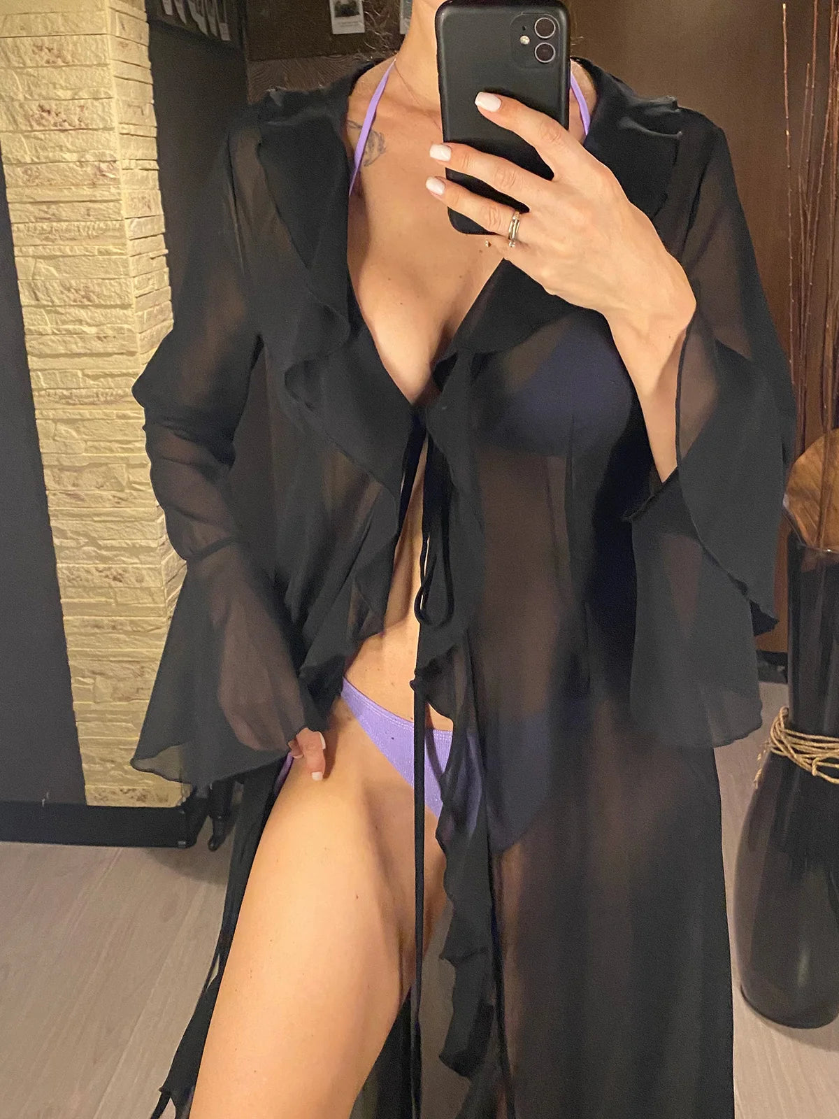 Women's V Neck Ruffled Long Sleeve Dress Chiffon Tunic Beach Cover Up Cover-ups Beach Dress Sunscreen Beachwear Vacation V5976B