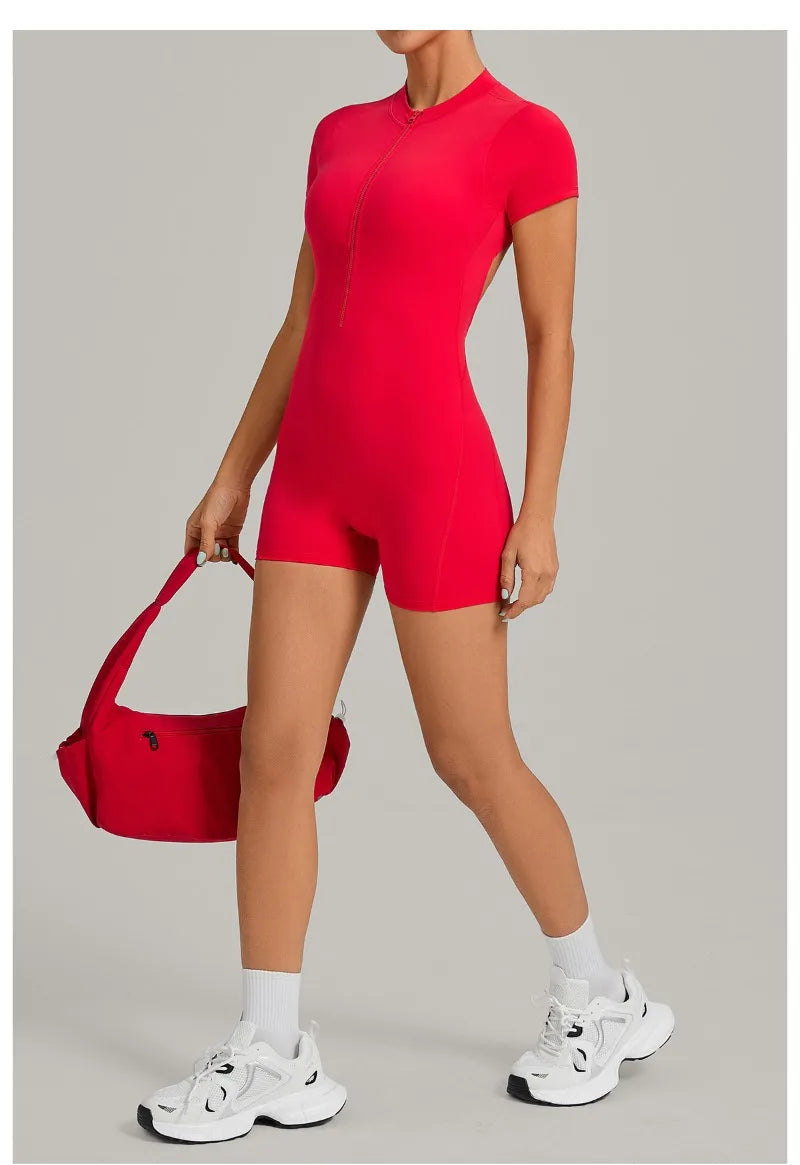 Women's Seamless Yoga Jumpsuits Sports Fitness Beauty Back Slim Fit Short-Sleeves One-Piece Workout Gym Training Bodysuits