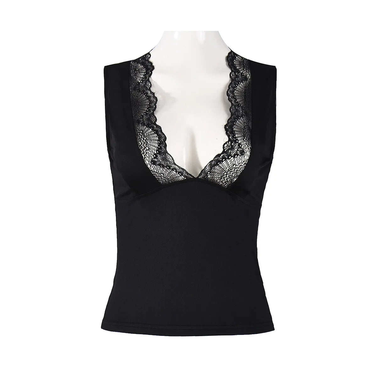 2026 Spring Summer New Arrival Elegant Sleeveless Women's Short Top Chic Fitted Lace-Panel Deep V-Neck Crop Tank Top Commute