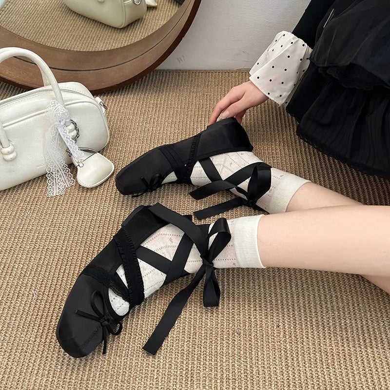 2026 Women Satin Ballet Shoes Breathable Lightweight Ribbon Lace Up Non Slip Square Toe for Office Summer Daily All Season Wear
