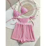 With Shorts Striped Halter Bikini Female Swimsuit Women Swimwear Three-Pieces Bikini Set Padded Bather Bathing Suit Swim V7159