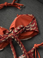Sexy Coffee Striped Micro Bikini 2026 Women Bandeau Metal Shell Push Up Bra Bandage Thong Swimwear Beach Bathing Suit Swimsuit