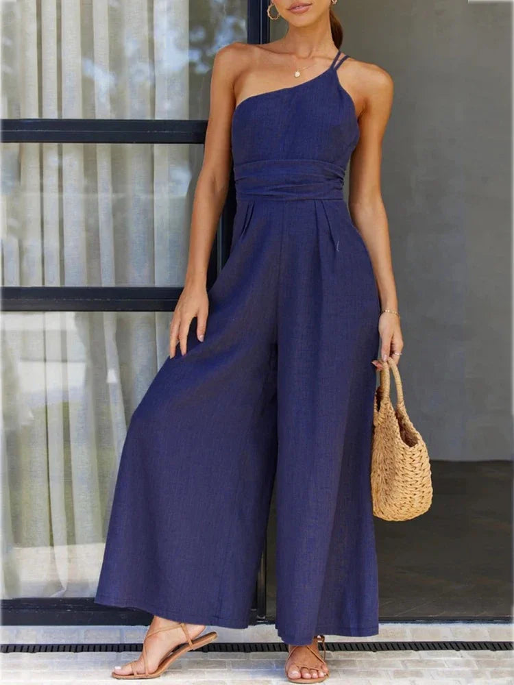 Foridol Waist Folds Backless Double Strap Casual Wide Leg Jumpsuit Long Pants Green 2025 New Female LooseJumpsuit