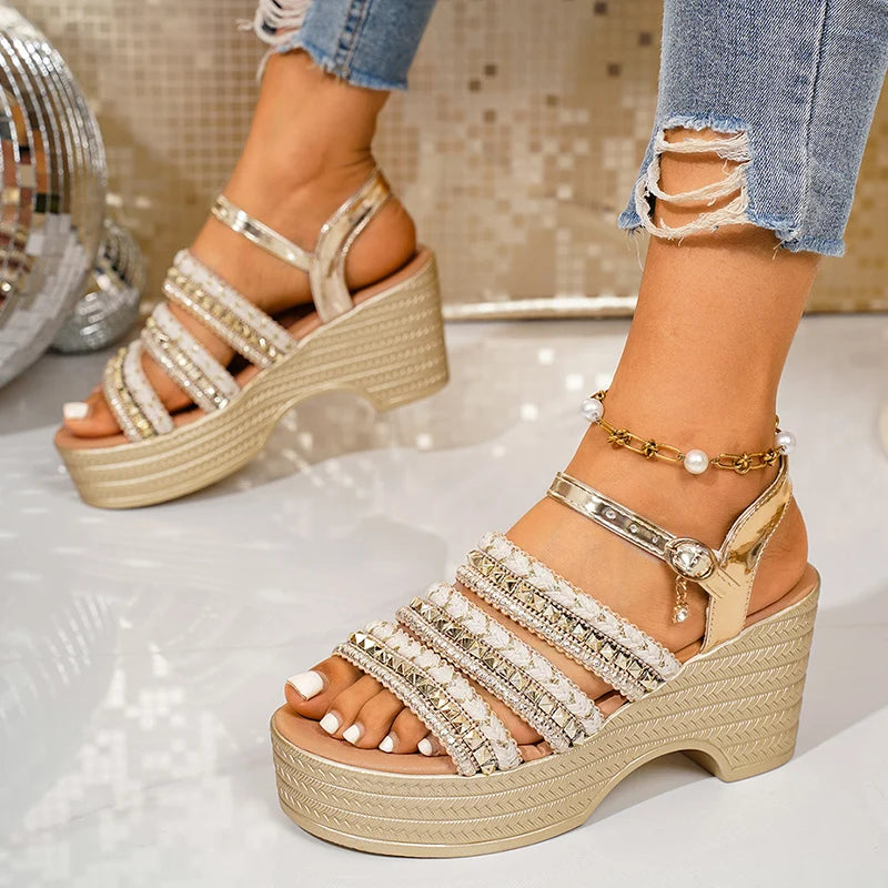 2026 Summer Chunky Heeled Gladiator Sandals Women Ankle Buckle Gold Platform Sandles Woman Plus Size 43 Bohemian Sandalias Mujer