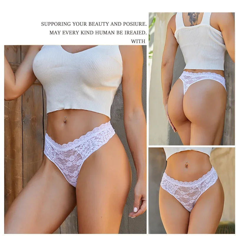 3Pcs Lace Sexy Thongs Women Low-Rise Briefs Sexy Soft Ladies Underwear Trendy Floral Underpants Female Flowery Panty Lingerie