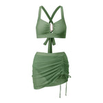 Women Summer Solid Color Bikini Sets Sleeveless Bra with High Waist Drawstring Skort Bathing Suit 2-piece Swimsuit