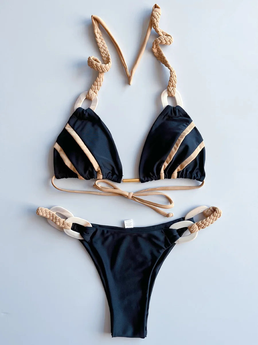 Patchwork Halter High Cut Knitted Bikini Women Swimwear Female Swimsuit Two-pieces Bikini Set Brazilian Bather Bathing Suit Swim