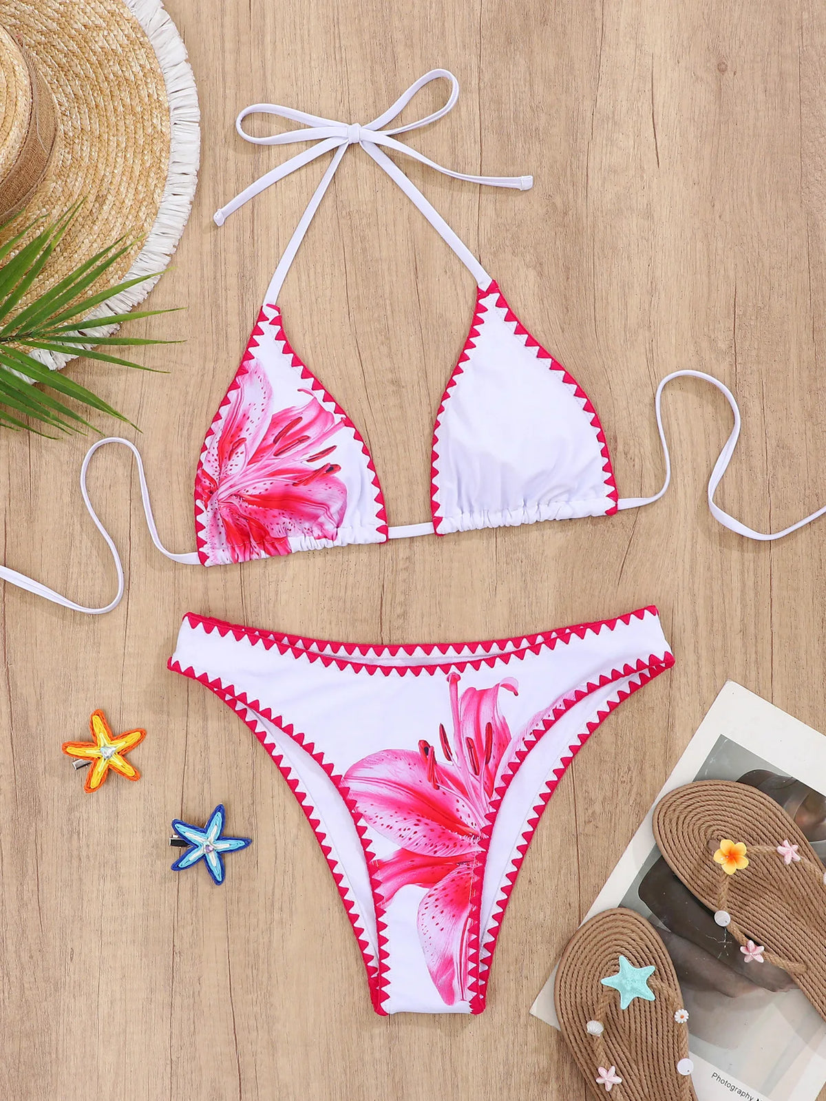 2026 New Sexy Low Bikini Set Swimwear Women Print Floral Brazilian Halter Backless Swimsuit Strappy Beachwear Dot Biquini Female