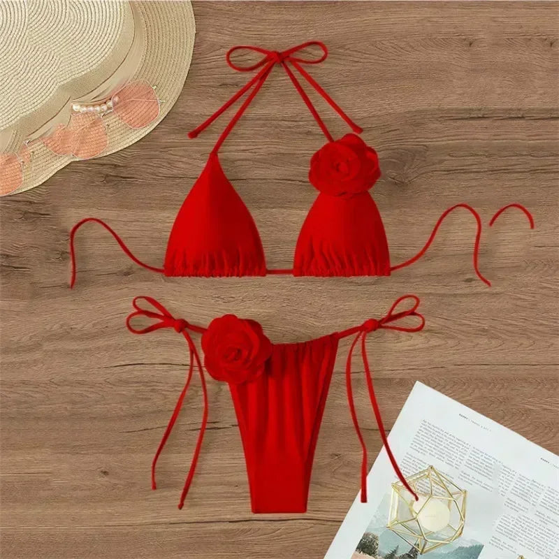 Sexy 3D Flower Black Triangle Bikinis Sets Micro Thong Swimsuit Women String Halter Bathing Suit Bikini 2026 Mujer Biquinis Swim