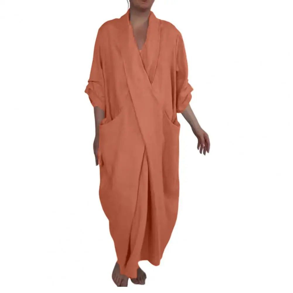 Bohemian Maxi Dress Spring Autumn Maxi Dress Robe Baggy Cross V Neck Large Pocket Retro A-line Casual Party Travel Dress