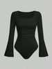 Women's Solid Color Ruffle Hem Flare Long Sleeve Bodysuit Autumn Winter 2024 Round Neck Plain Ruched Slim Fit Romper Top