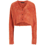 Fall Winter Women Button Down Cropped Knit Cardigan Solid Color Knitwear Fuzzy Long Sleeve V-Neck Loose Sweater