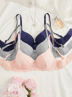 3PCS/Set Lace Trim Women Bras Solid Vertical Stripe Cup Sexy Lingerie Push Up Underwire Fashion & Daily Braet