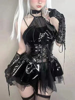 Bat Women Sexy Lingerie Devil Cosplay Costume Punk Y2k Gothic PU Leather Halter Neck Straps Bodysuit Short Mini Dress