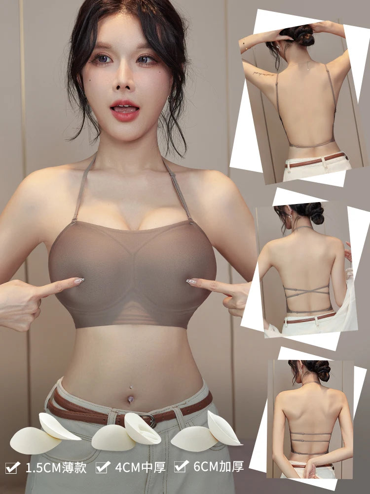 Backless Bra Women Thick Padded Push Up Adhesive Sticky Invisible Bra Small Bust Strapless Convertible Bralette Beach Essential