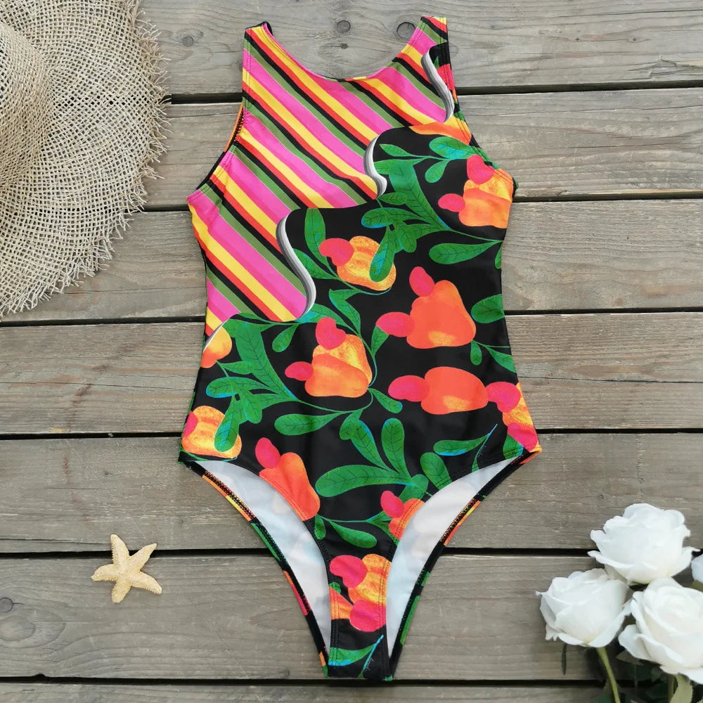 Striped Women One Piece Swimsuit High Quality Swimwear Printed Push Up Monokini Summer Bathing Suit Tropical Bodysuit Female