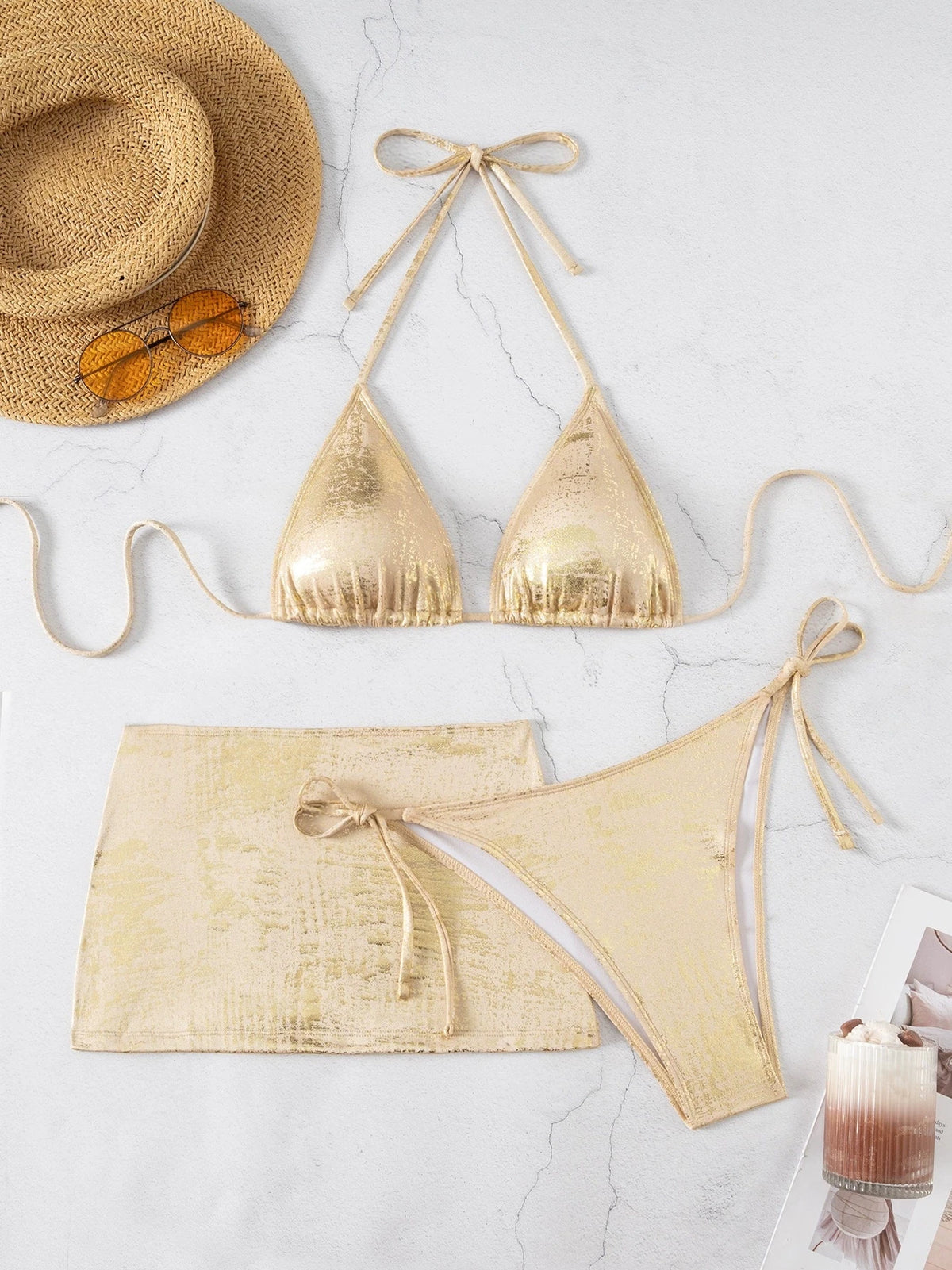 DEKA Brazil Gold Brozing Bikini Set Women Halter Push Up Bra Skirt 3 Piece Swimsuit Summer Bathing Suit Holiday Swimwear Biquini