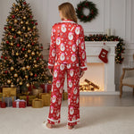 Women's 2025 Christmas Pajama Sets Fashionable Santa Printed Front Tie Ruffle Tops with Pants Two Pieces Soft Sleepwear