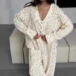 New 100% Cotton Printed Cardigan Pajama Set Women's New Autumn Long Sleeved Pants Pajamas Loose Home Clothing 2-piece Set 2026