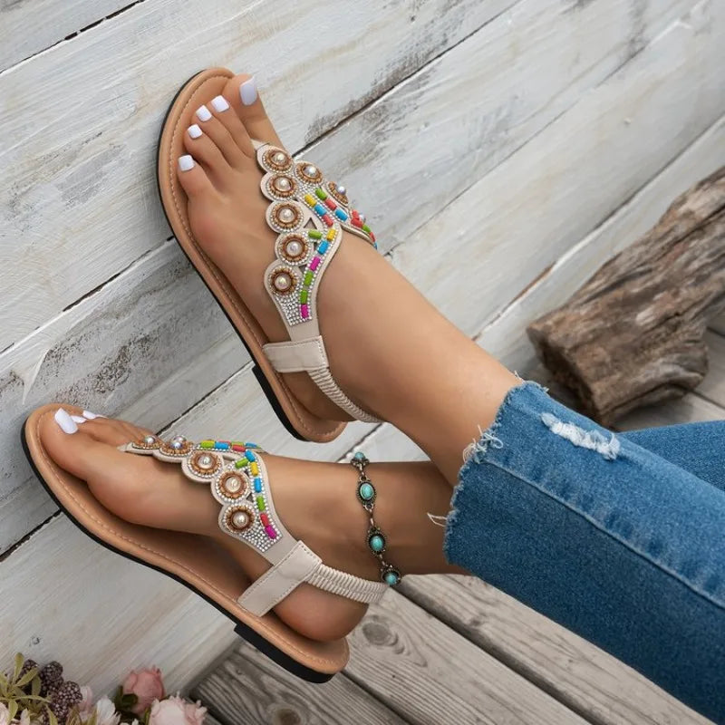 2026Summer New Boho Style Clip-On Beaded Rhinestone Buckle With Elastic Heel Rubber Strap Women's Shoes Casual And Comfortable