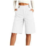 Women's High Waist Cotton Linen Bermuda Shorts Double Breasted Wide Leg Casual Shorts With Pockets Loose Fit Office Summer Short