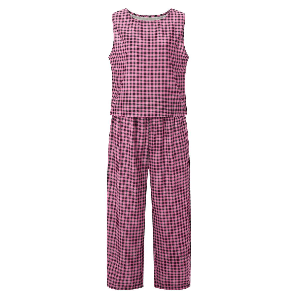 Women’s 2 Piece Summer Pant Outfits Sleeveless Plaid/Stripes Print Tank Tops + Pants Set Casual Streetwear