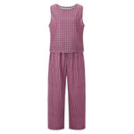 Women’s 2 Piece Summer Pant Outfits Sleeveless Plaid/Stripes Print Tank Tops + Pants Set Casual Streetwear