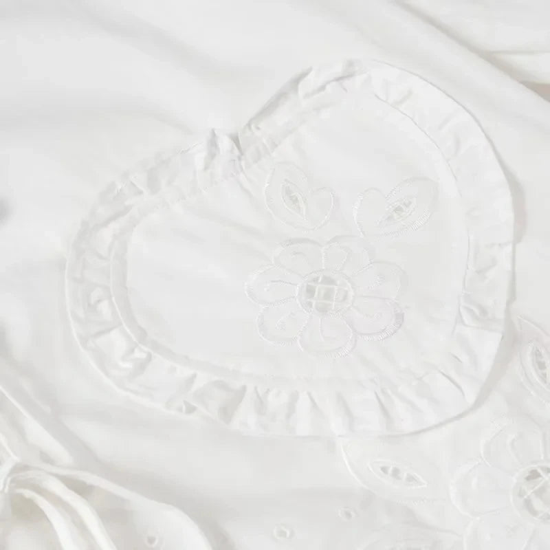 Foridol Heart Embroidery White Cotton Women Blouse Bowknot Spring Summer Lantern Sleeve Casual Shirt V Neck Loose Chic Blusa