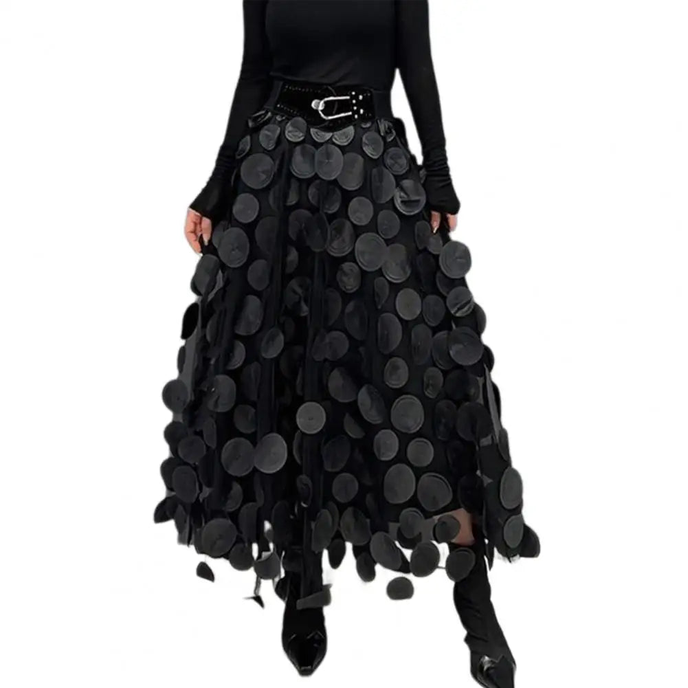 Women Summer Maxi Skirt Retro A-Line Large Hem Skirt Solid Color 3D Dot Decor High Waist Long Skirt