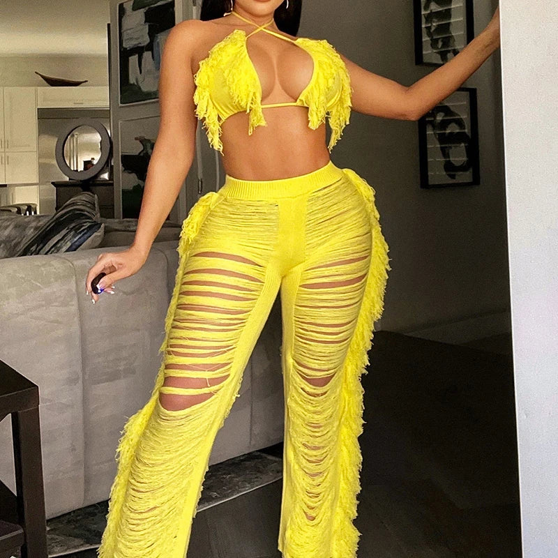 DEKA Women Tassel Pants Knitted Bra Top Bikini Set Swimsuit Handemade Crochet Bikini Cover-Up Tassel Beach Long Wrap Pant