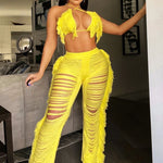 DEKAWomen Tassel Pants Knitted Bra Top Bikini Set Swimsuit Handemade Crochet Bikini Cover Up Tassel Beach Long Wrap Pant