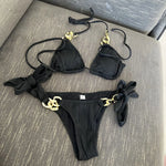 Sexy Metal Chain Thong Bikini 2025 Women White Black Cut Out Push Up Micro Swimsuit Beach Bathing Suit Tie Side Thong Swimwear