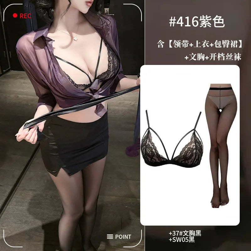 Translucent Purple Shirt Paired With A Skirt Set Secretary Sexy For Women Alluring And Pure Desire Dress Nightclub Style 89JL
