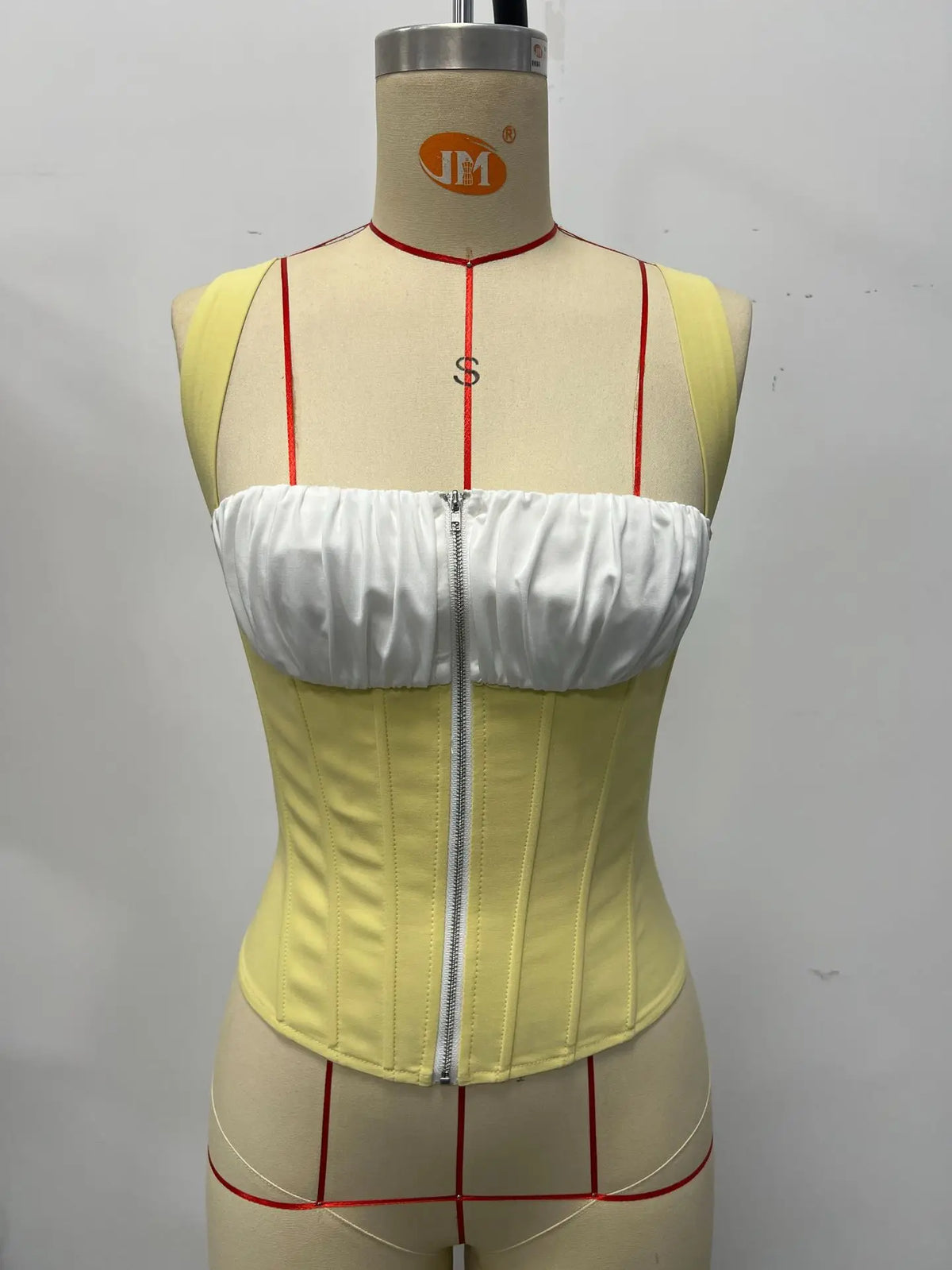 Yellow White Contrast Camisole Women Square Collar Pleate Front Zipper Slim Fit Fishbone Tank Top 2026 Summer Club Holiday Vest
