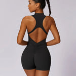 Solid Scrunch Back Waist Tight Yoga Jumpsuit Short Set Women Zipper Playsuit Gym Sportswear Fitness One Piece Sport Suit Workout
