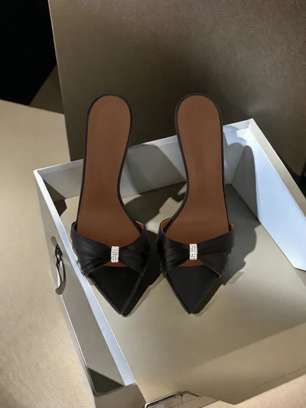 Women Satin Twisted Strap Mule Sandals Square Toe Stiletto High Heels Elegant Slip On Wedding Evening Dress Heeled Slippers