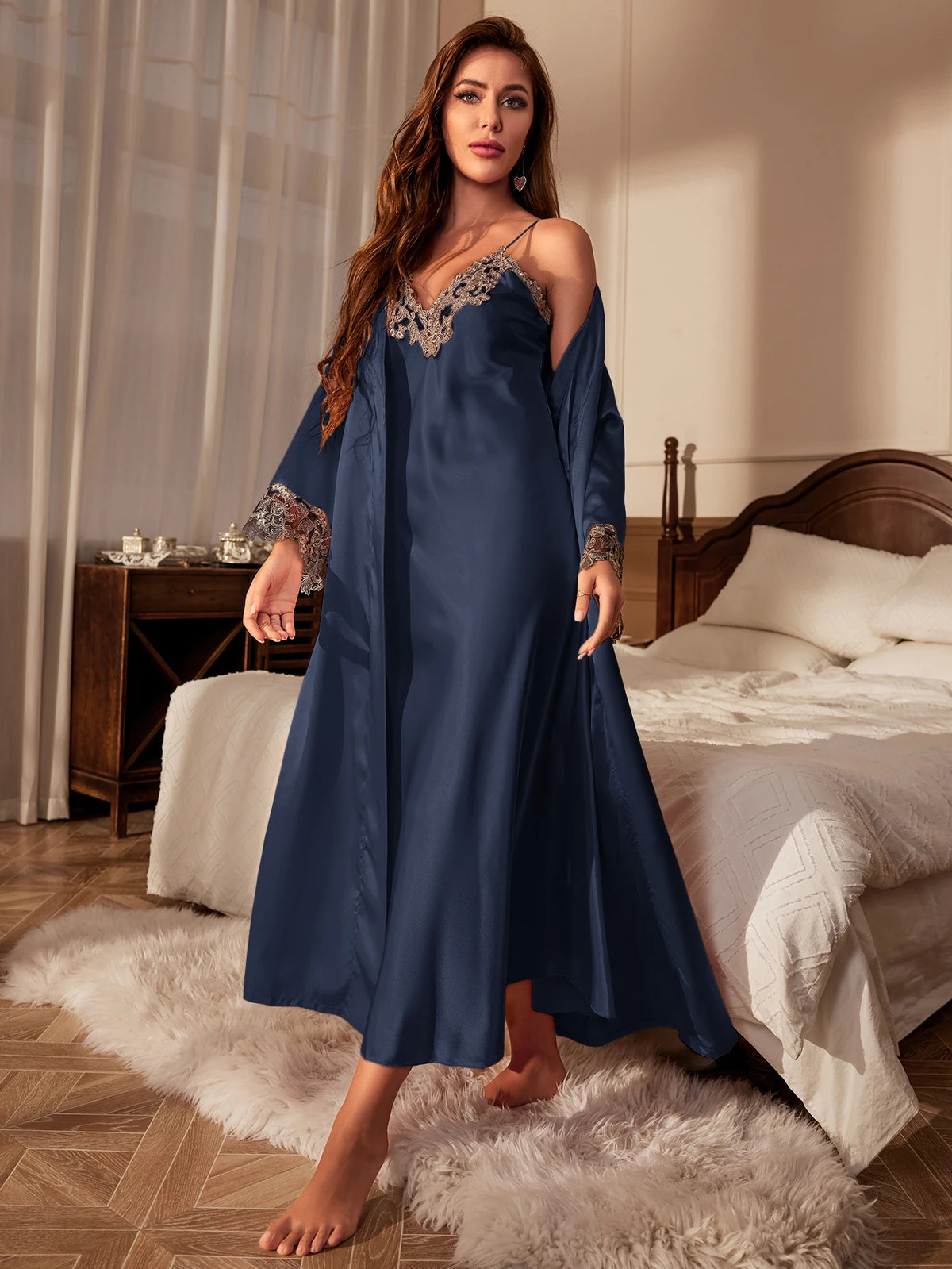 Contrast Lace Pajama Set Long Sleeve Robe With BeltV Neck Slip Dress Women's SleepwearLoungewear