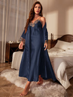 Contrast Lace Pajama Set Long Sleeve Robe With BeltV Neck Slip Dress Women's SleepwearLoungewear