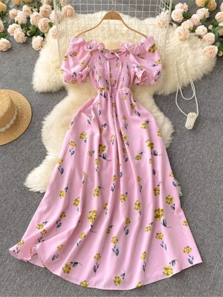 2025 Summer French Vintage Floral Dress Fashion Elegant High-Waisted Drawstring Vestidos Printed Fresh And Sweet Long Dresses