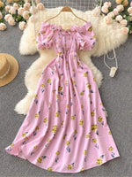 2025 Summer French Vintage Floral Dress Fashion Elegant High-Waisted Drawstring Vestidos Printed Fresh And Sweet Long Dresses