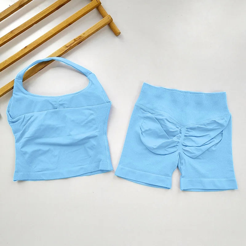 Yoga 2 Pieces Gym Set Women Backless Halter Tops High Waist Seamless Shorts Gym Suit Fitness Sports Bras Sportswear Workout Sets