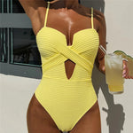 Solid Yellow Ribbed Swimwear Sexy Tummy Control Swimsuit One Piece Woman 2026 Hollow Out Bathing Swimming Suit Wear Monokini