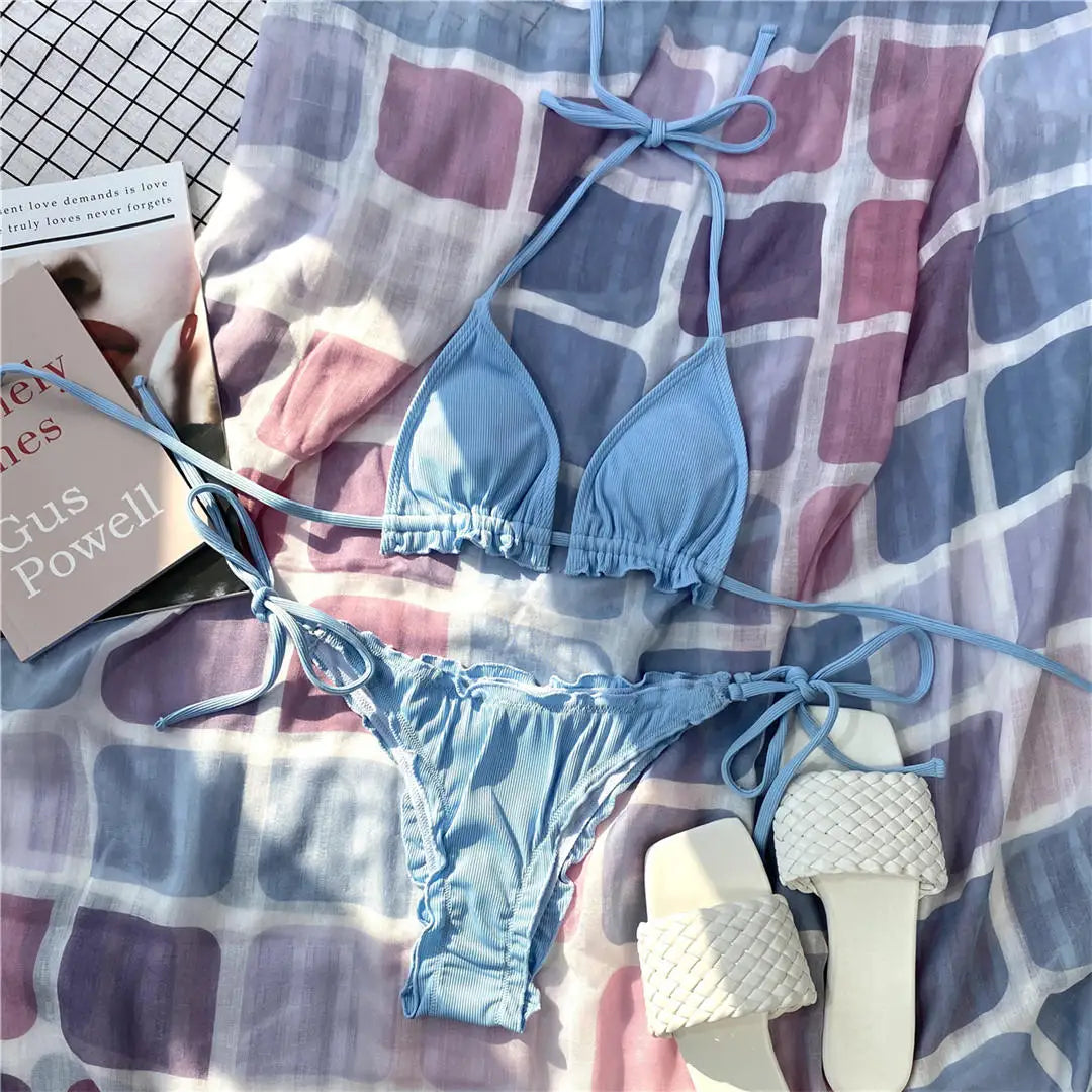 Ruffled Frilled Brazilian Bikini Women Swimwear Two-Pieces Bikini Set Female Swimsuit Halter Bather Bathing Suit Swim Lady V2817