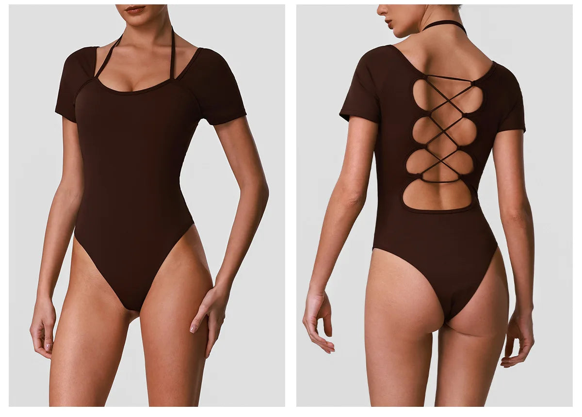 Summer Women's Cross Hollow Back Yoga Jumpsuit Short Sleeved Slimming Sports Overalls High Stretch Push Up Fitness Bodysuit