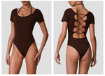Summer Women's Cross Hollow Back Yoga Jumpsuit Short Sleeved Slimming Sports Overalls High Stretch Push Up Fitness Bodysuit