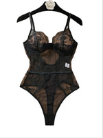 Black Lace Bodysuit with Floral Embroidery Sexy High-Waist Triangle Panties Strap Design Shapely Cutout to Highlight Women's Cur